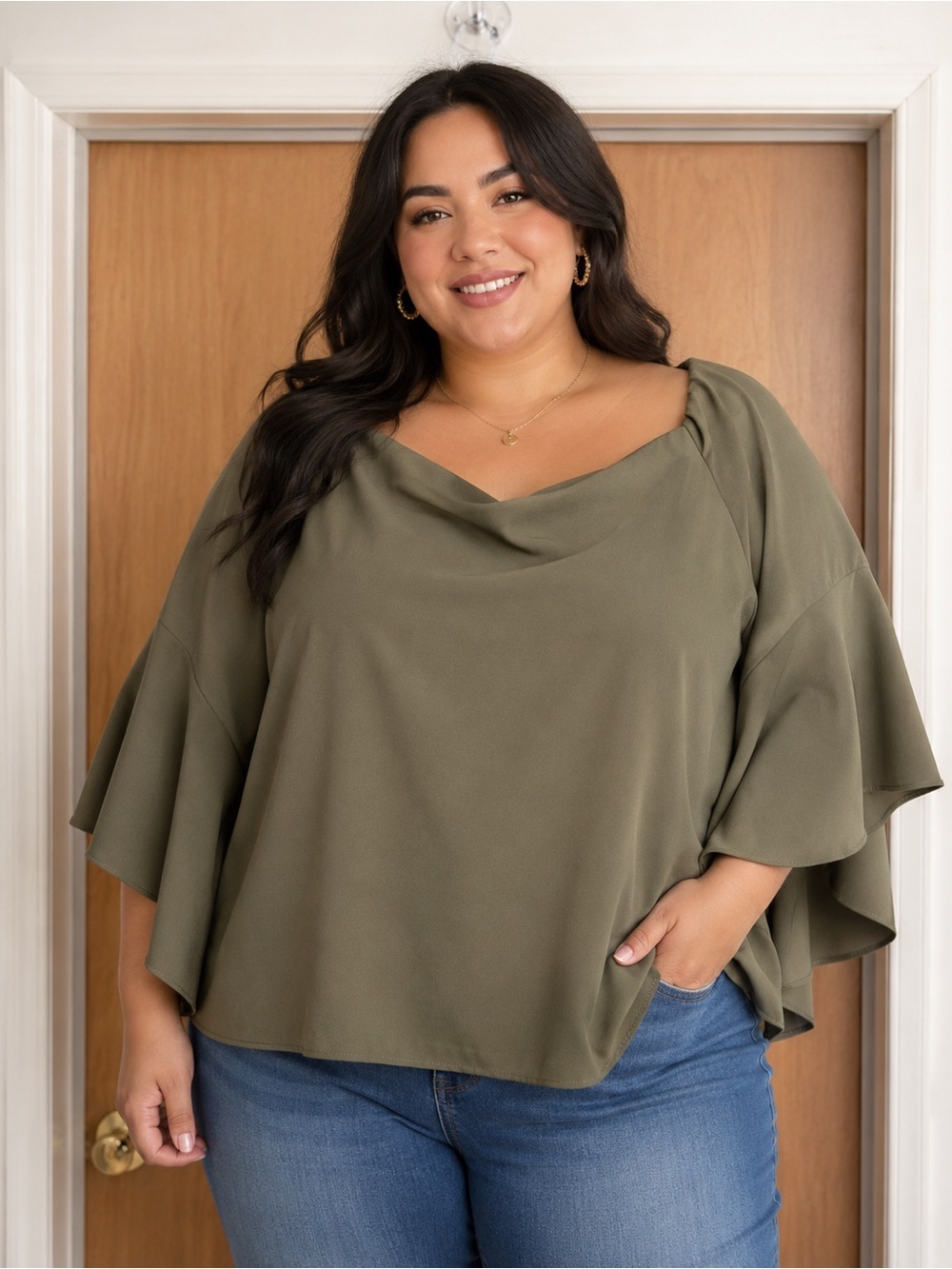 Eloquii Women’s Olive Flutter Sleeve Blouse.  Size: 18